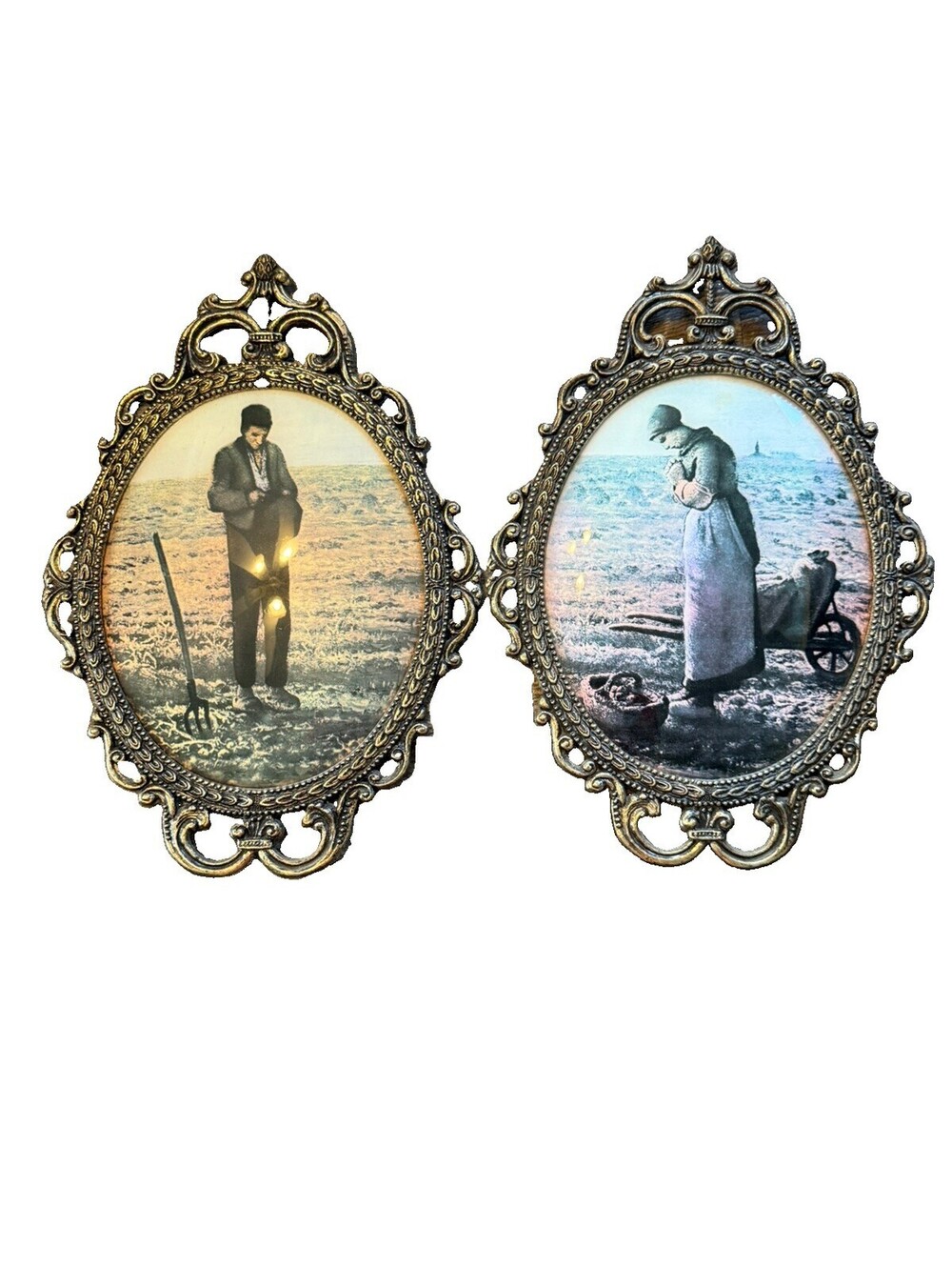 Vintage The Angelus By JF Millet Farmer & Wife Praying Oval Convex Glass Italy